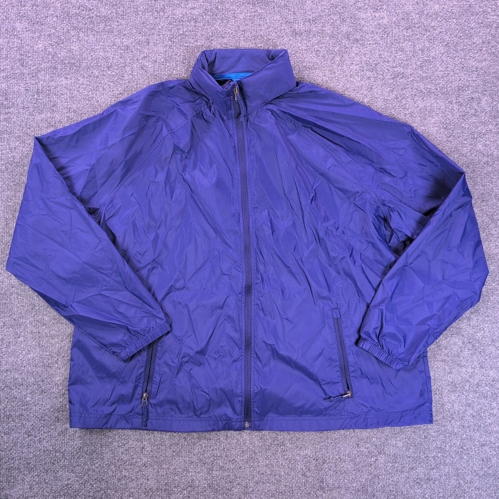 L.L. Bean Windbreaker Jacket Womens 2X Blue Full Zip Stowaway Hood Lightweight